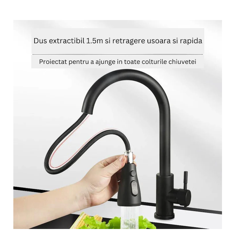 Baterie Bucătărie cu Pipa Înaltă și Duș Extractibil, 2 Funcții de Curgere, Rotire 360°