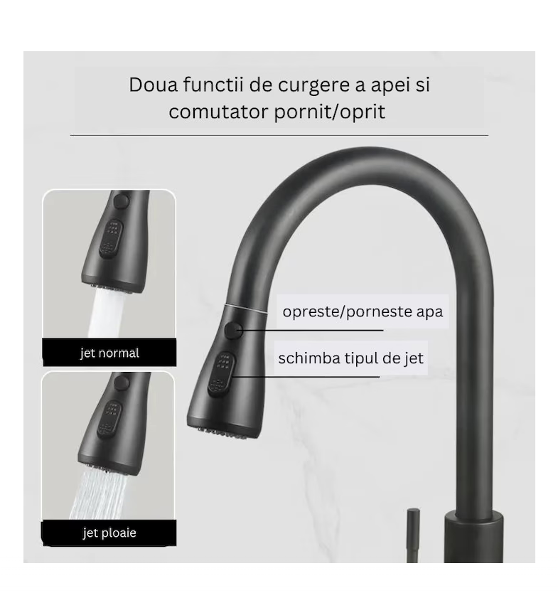 Baterie Bucătărie cu Pipa Înaltă și Duș Extractibil, 2 Funcții de Curgere, Rotire 360°